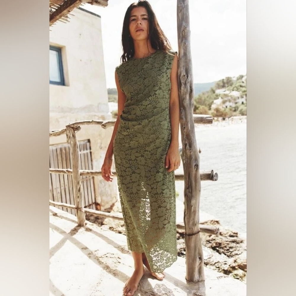 Zara Olive Green Lace Midi Dress Size S